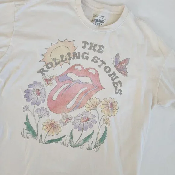 AE Band Tee American Eagle Rolling Stones Graphic Cream Floral Retro Casual Boho - Picture 1 of 8